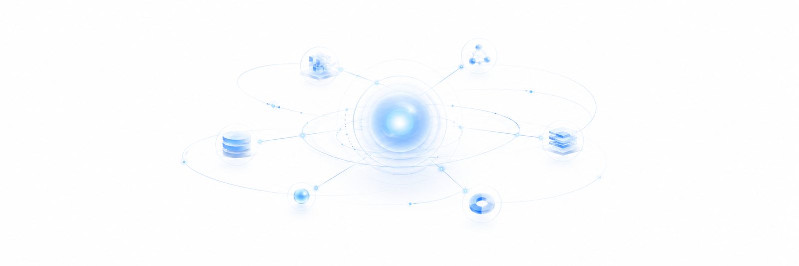 Cosmic Consultancy's connected technology orbit — a glowing central core linked to cloud, data, security, and application nodes, representing one unified stack.