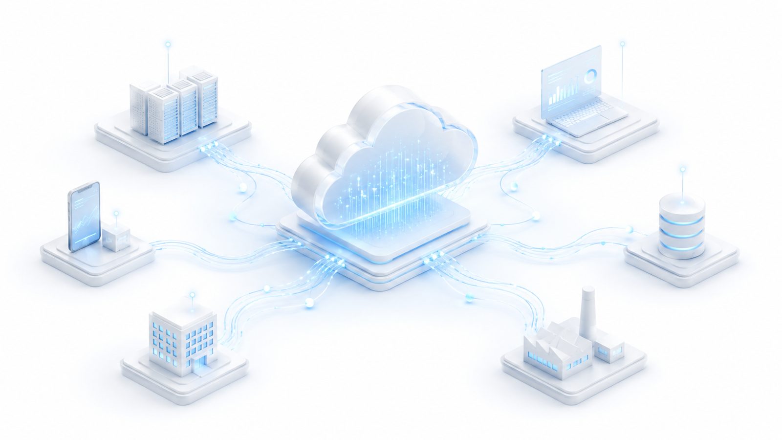 Isometric cloud platform connected to office buildings, a laptop, a phone, and server racks — illustrating an end-to-end cloud migration and integration.