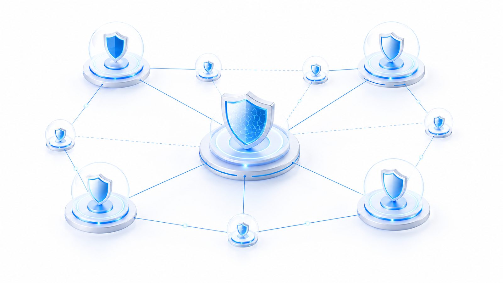 A network of glowing blue security shields connected by lines — representing layered cyber security across an organization.