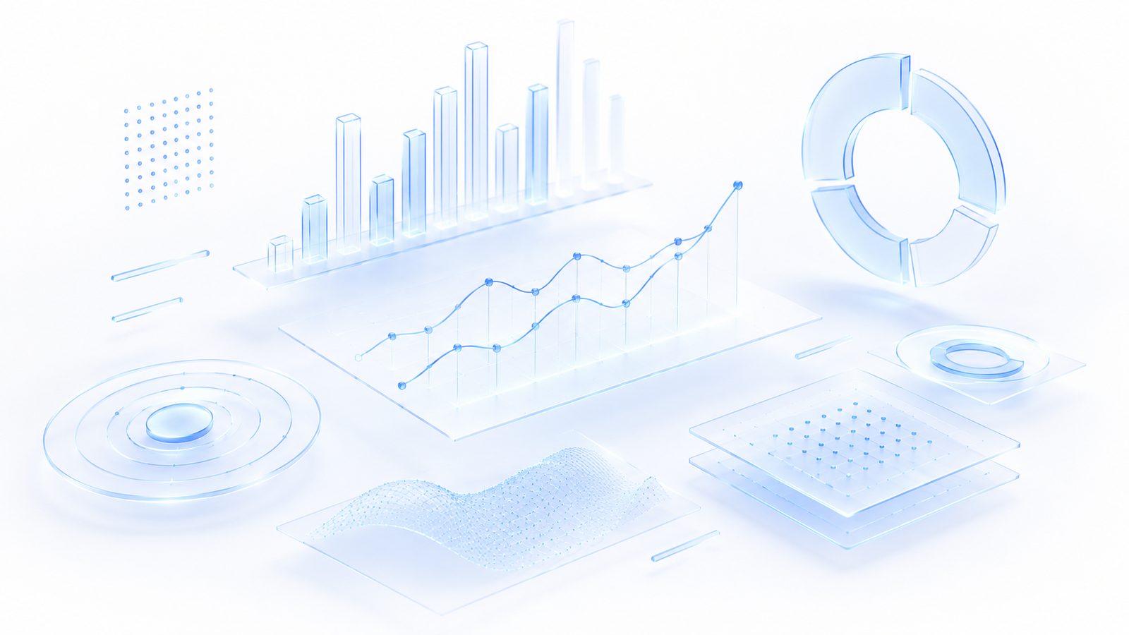 Floating glass dashboards with bar charts, a trend line, and a donut chart — representing data analytics and business intelligence.