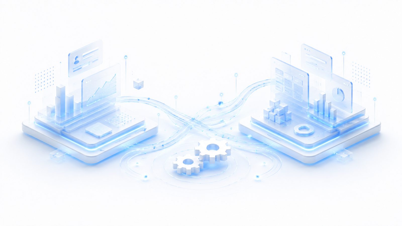 Two business platforms connected by flowing data lines with gears in the middle — representing CRM and ERP system integration.